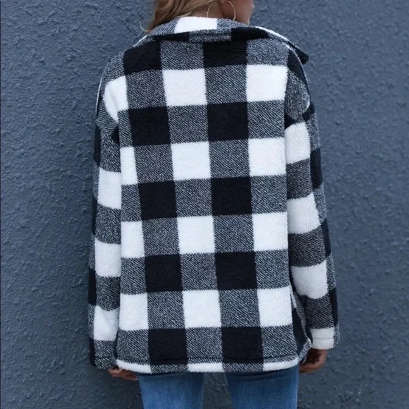 Gingham plaid button down teddy coat